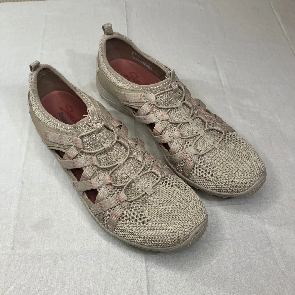 Skechers Relax Fit Luxe Foam Taupe Pink Bungee Slip On Sneakers 49589 Womens 9.5